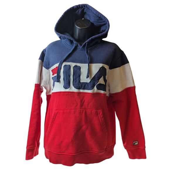 FILA Hoodie Women Medium Colorblock Pullover Red Blue Big Logo Sweatshirt Preppy - Picture 7 of 12